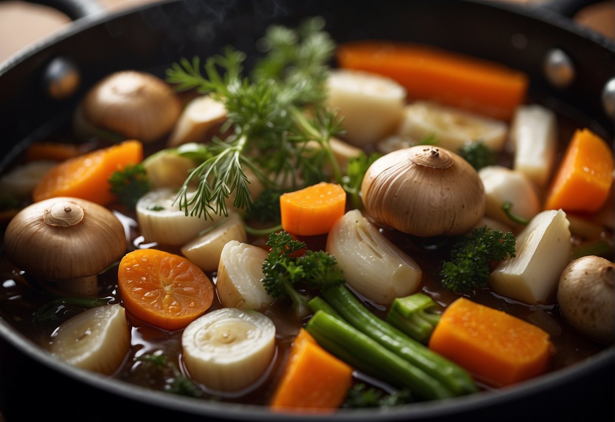 A pot simmering with Chinese vegetable stock ingredients: mushrooms, carrots, onions, garlic, ginger, and herbs