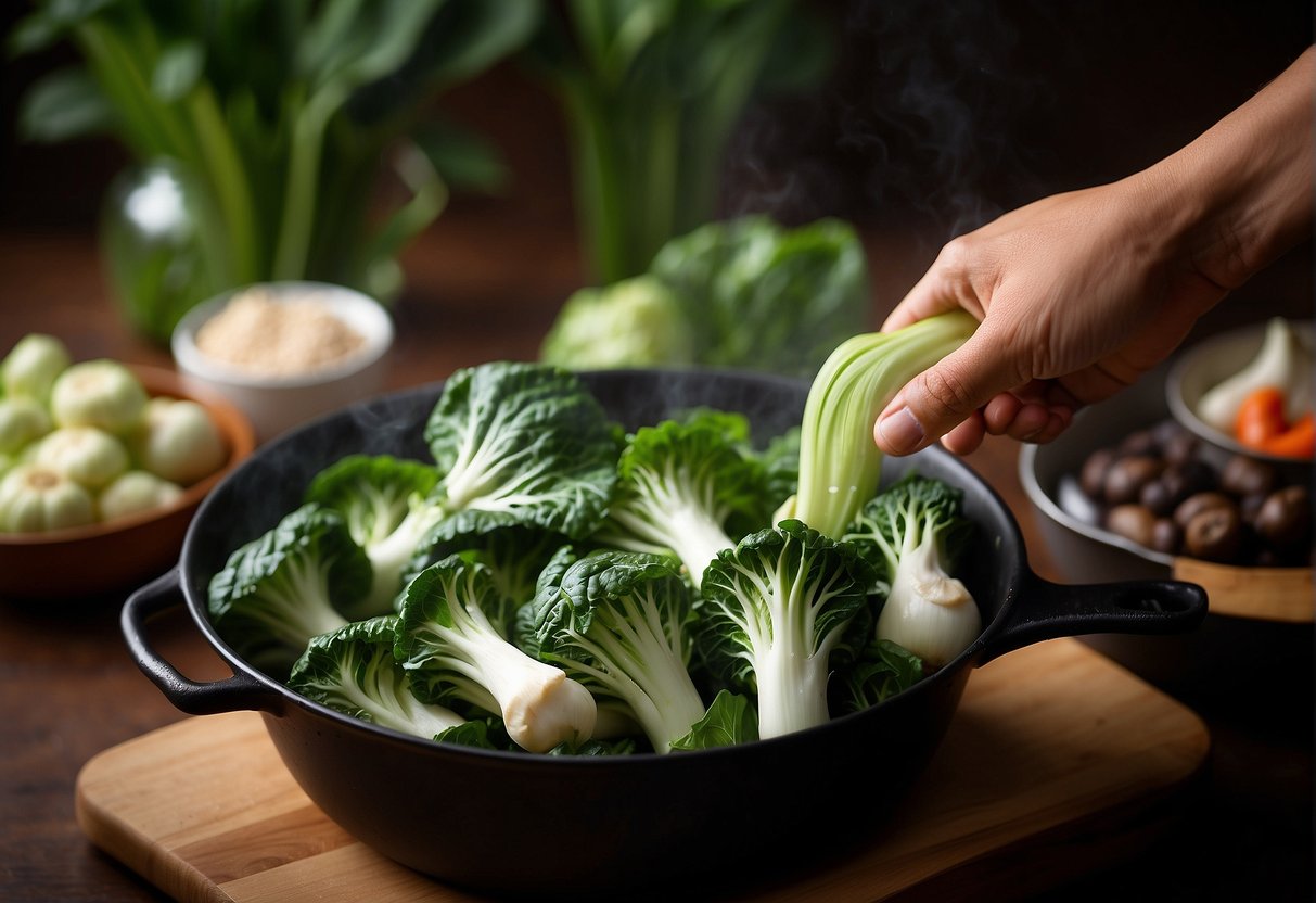 A hand reaches for fresh bok choy and shiitake mushrooms, next to a pot of simmering Chinese vegetable stock