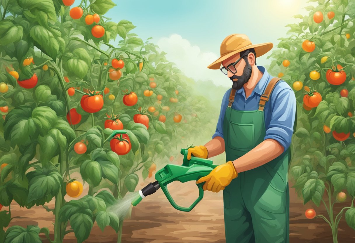 A farmer spraying tomato plants with fungicide