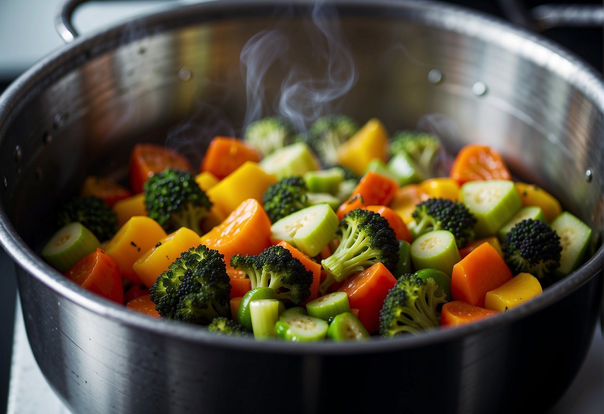 Fresh vegetables chopped, simmering in a pot with water and aromatic spices. Steam rising, rich colors and textures