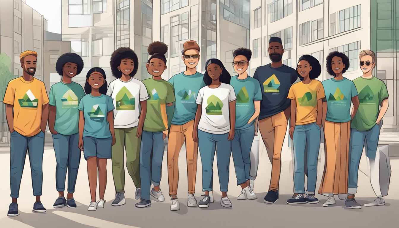 A diverse group of people wearing eco-friendly and ethically made t-shirts in a modern urban setting