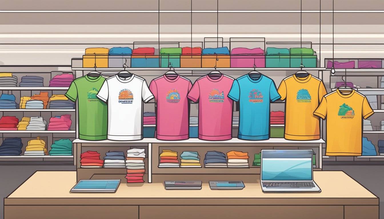 A colorful display of Singapore t-shirts in a modern retail store, with online shopping website shown on a computer screen