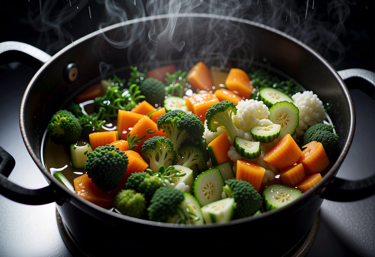 Fresh vegetables simmer in a large pot of boiling water, releasing their flavors into the aromatic Chinese vegetable stock