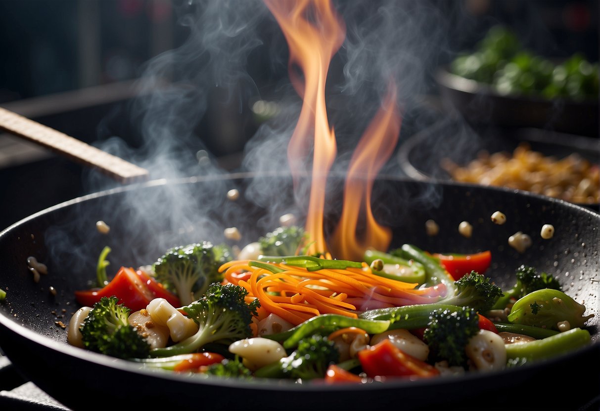 Sizzling Chinese vegetables in a wok with oyster sauce. Steam rising, vibrant colors and textures. Ingredients scattered nearby