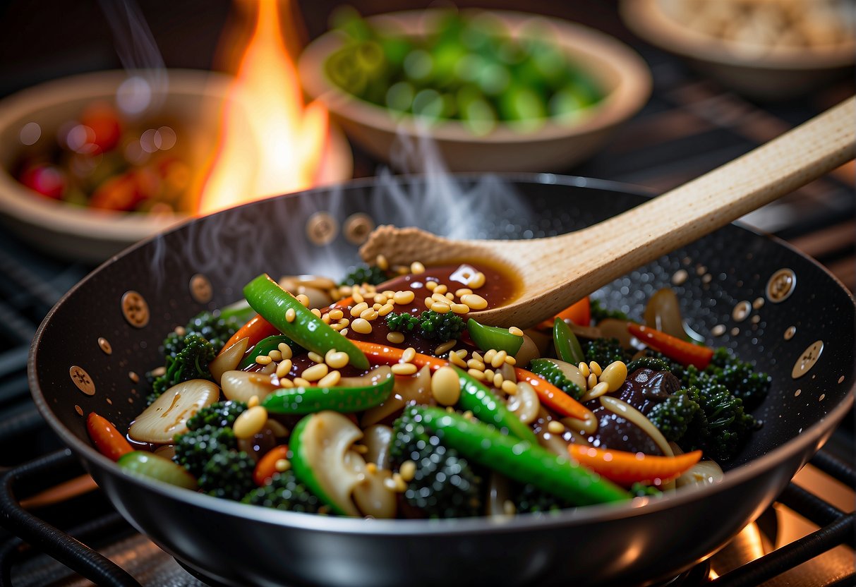 A wok sizzles with stir-fried Chinese vegetables coated in glossy oyster sauce, ready to be paired with steamed rice