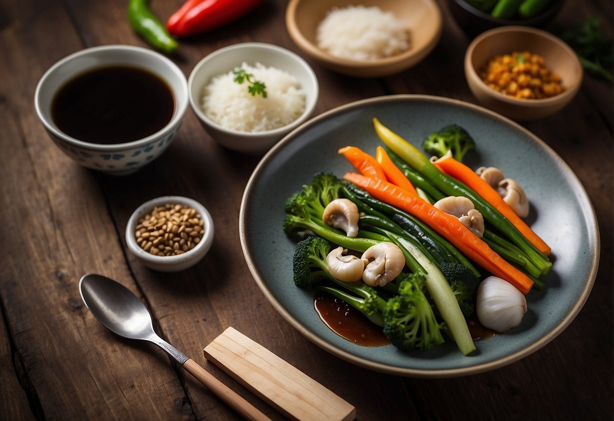 A plate of colorful Chinese vegetables, glistening with oyster sauce, sits on a rustic wooden table, surrounded by fresh ingredients and a handwritten recipe card