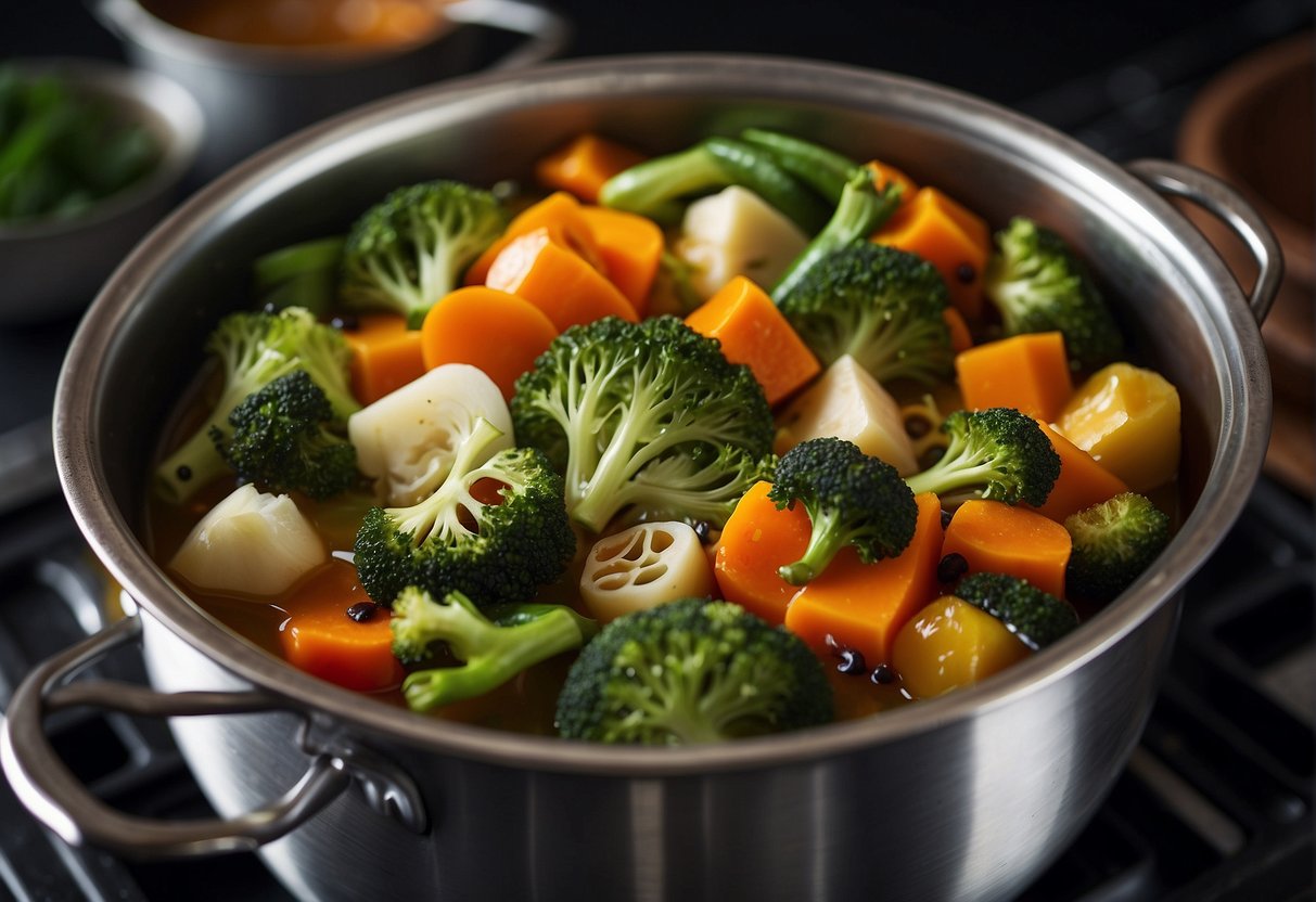 A pot simmers with Chinese vegetable stock, filled with vibrant vegetables and aromatic herbs, ready to be incorporated into dishes