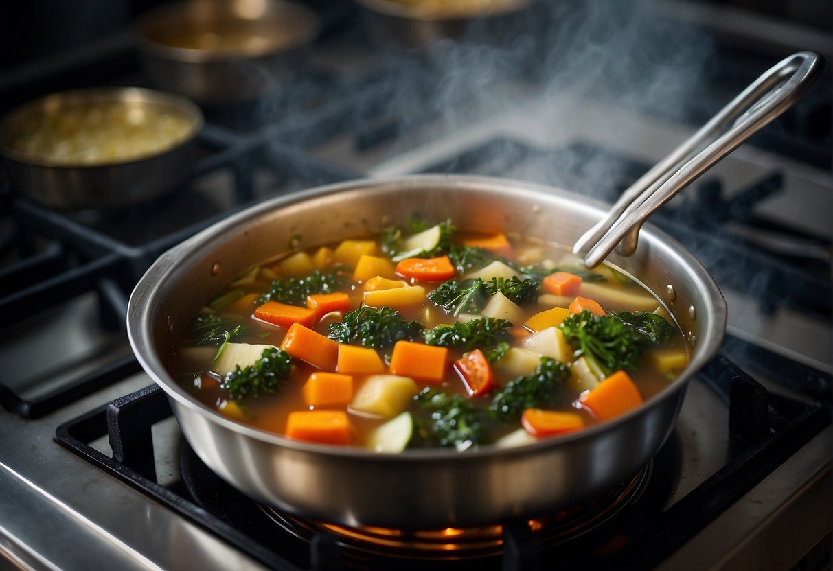 A pot simmers on a stove, filled with Chinese vegetable stock. Various vegetables, herbs, and spices are visible, adding flavor and nutrients to the liquid