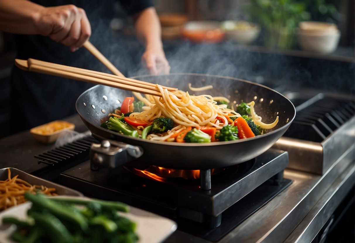 A wok sizzles as Chinese vegetables are stir-fried with oyster sauce. Steam rises, and the aroma of garlic and ginger fills the air