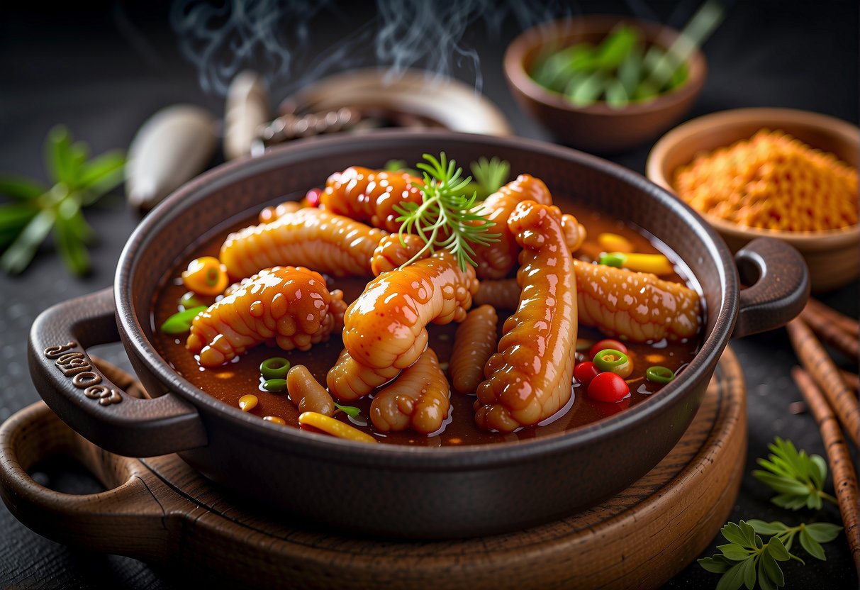 A pair of chicken feet simmering in a fragrant Chinese-style sauce, surrounded by traditional spices and herbs