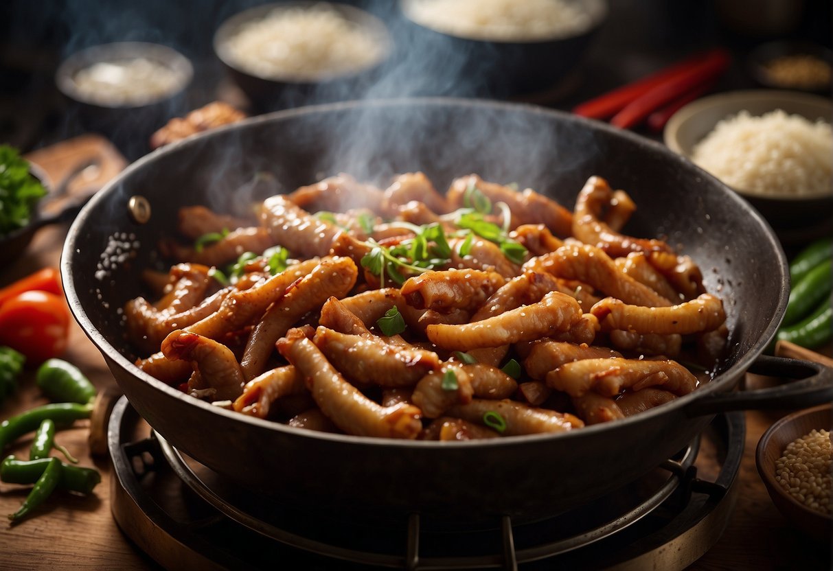 A sizzling wok cooks up a batch of Chinese-style chicken feet, surrounded by traditional spices and ingredients like ginger, garlic, and soy sauce