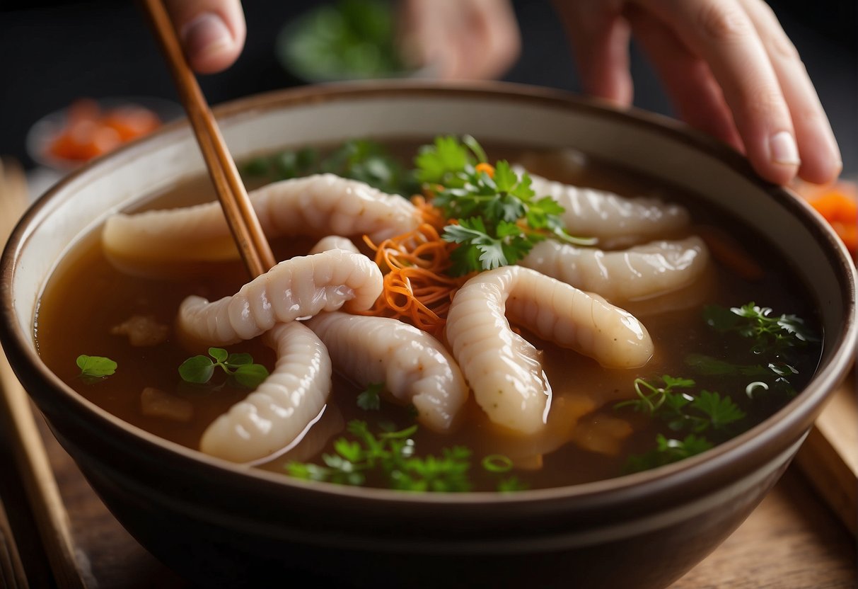 Chicken feet simmer in a fragrant broth with ginger, garlic, and soy sauce. The chef skillfully uses a pair of chopsticks to turn and coat the feet in the flavorful liquid