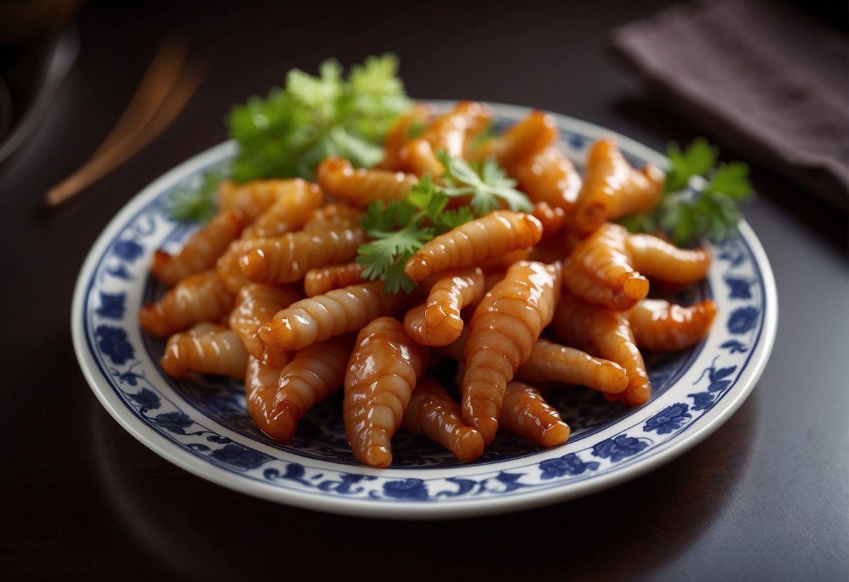 A platter of Chinese-style chicken feet arranged with garnishes and served on a decorative plate