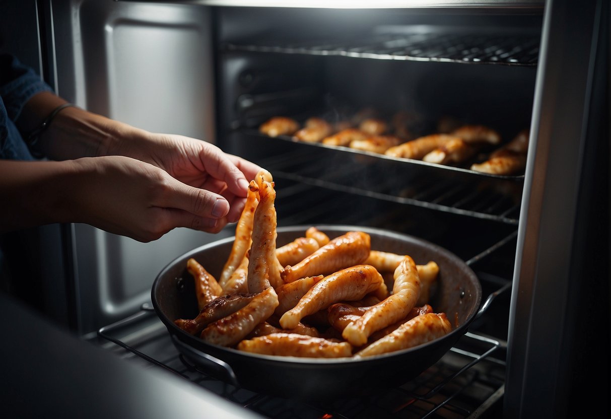 A container of cooked chicken feet sits in the refrigerator. A person reheats them in a pot on the stove, adding soy sauce and spices