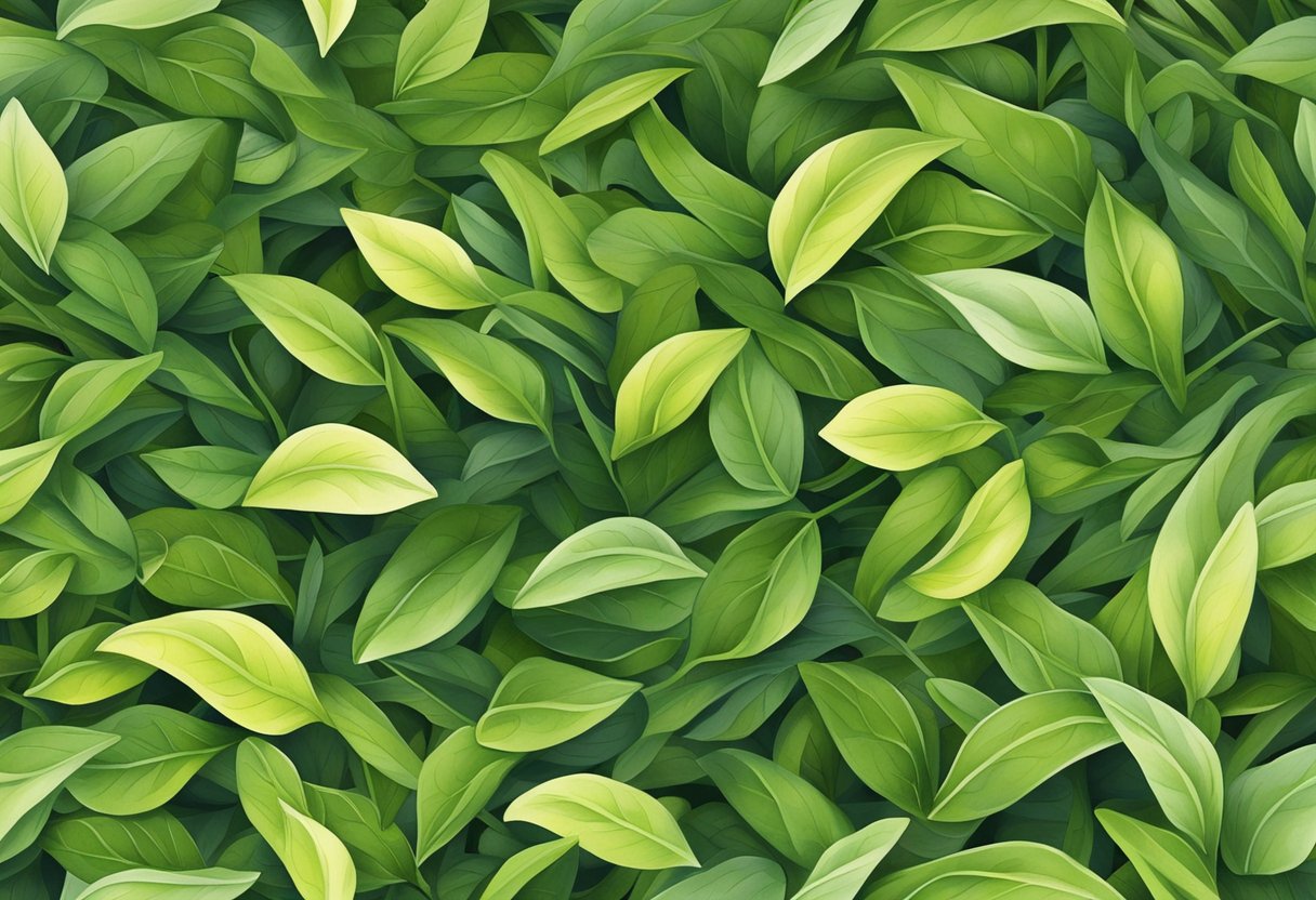 Vinca leaves curling in the sunlight, creating delicate spirals and patterns across the forest floor