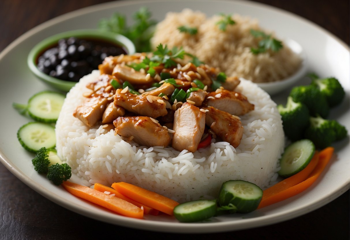 A steaming plate of Chinese vegetarian chicken rice, with fragrant jasmine rice, tender mock chicken, and colorful stir-fried vegetables, garnished with fresh herbs and served with a side of savory soy sauce