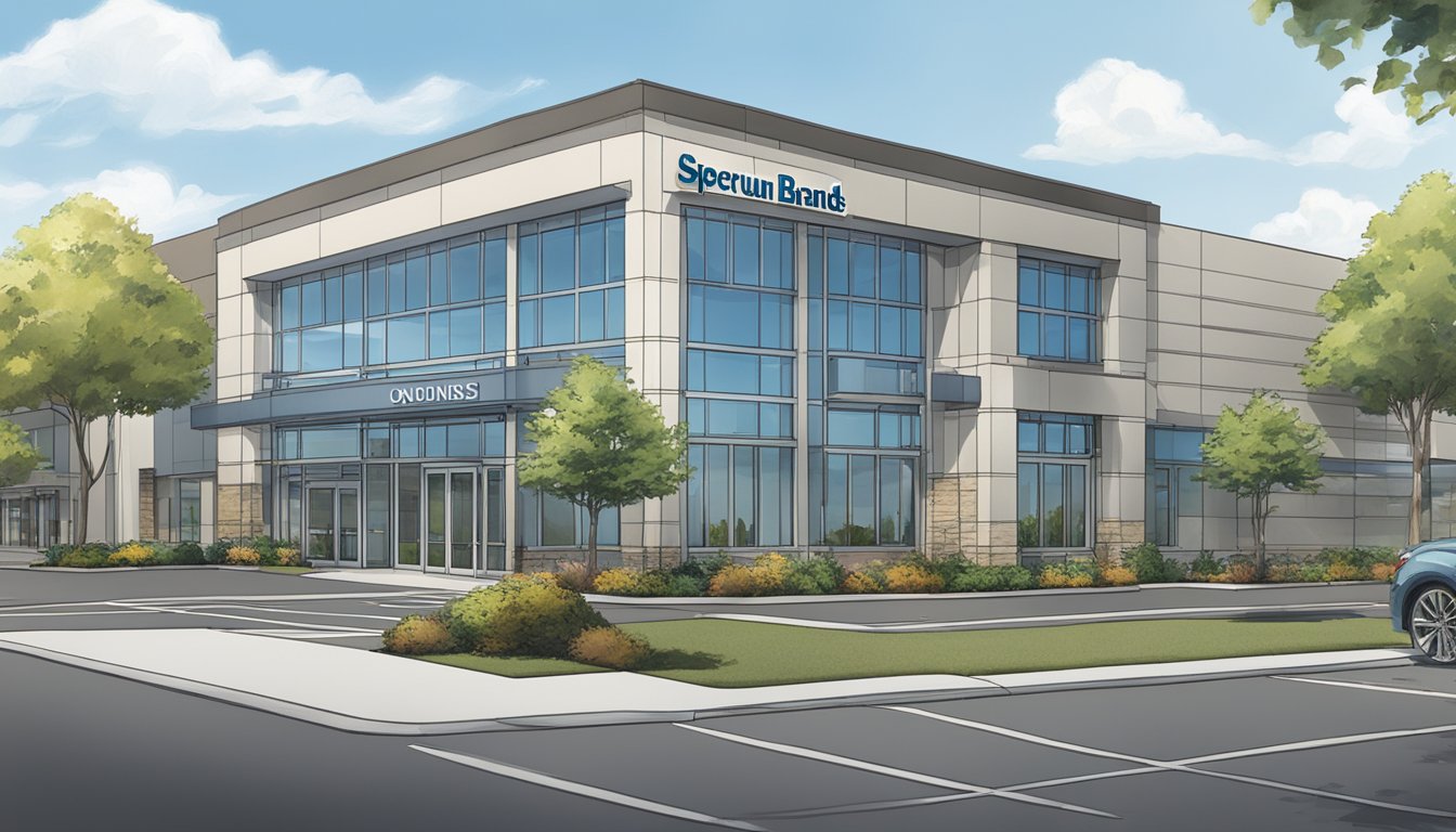 A modern office building with the Spectrum Brands Inc logo prominently displayed on the exterior. Surrounding landscaping and parking lot