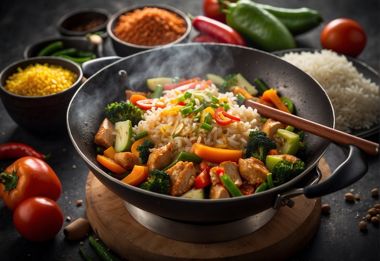 A steaming wok sizzles with fragrant vegetarian chicken, rice, and mixed vegetables, surrounded by colorful spices and sauces