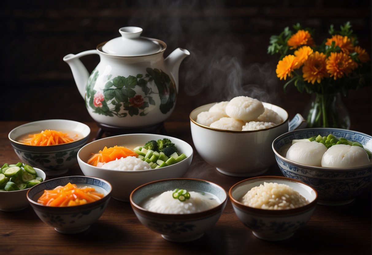 A table set with steaming bowls of congee, plates of steamed buns, and a variety of pickled vegetables. Teapot and cups sit ready for hot tea