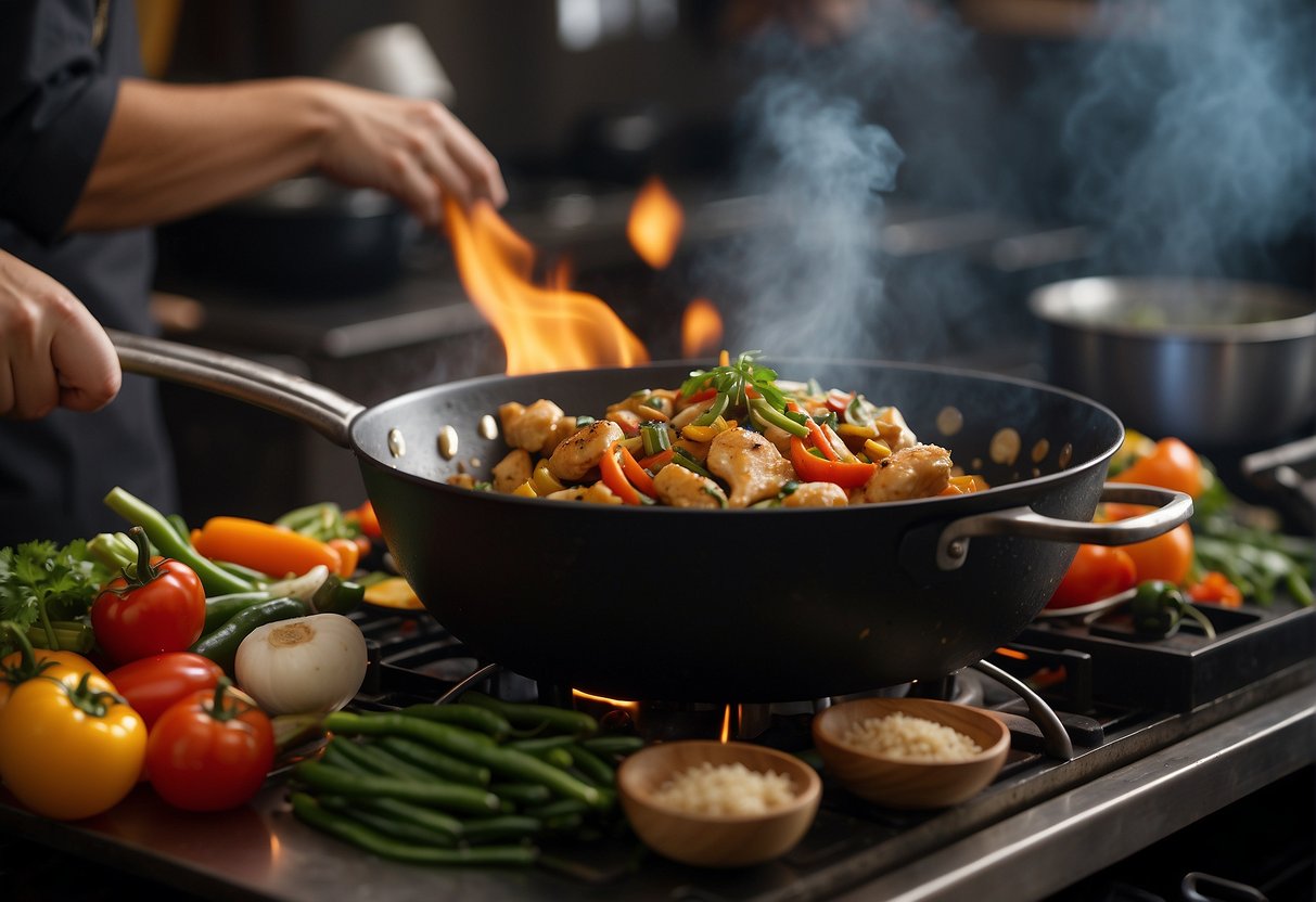 A chef tosses marinated vegetarian chicken with vegetables and rice in a sizzling wok, creating a fragrant and colorful dish