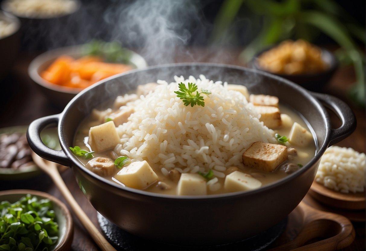 Rice simmers in a pot with fragrant broth, steam rising. Ingredients like mushrooms and tofu wait nearby