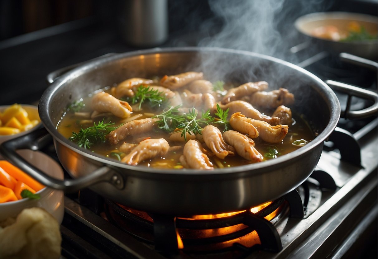 A pot simmers on a stove, filled with chicken feet, ginger, and herbs. Steam rises as the rich aroma fills the kitchen, symbolizing tradition and nourishment in Chinese culture