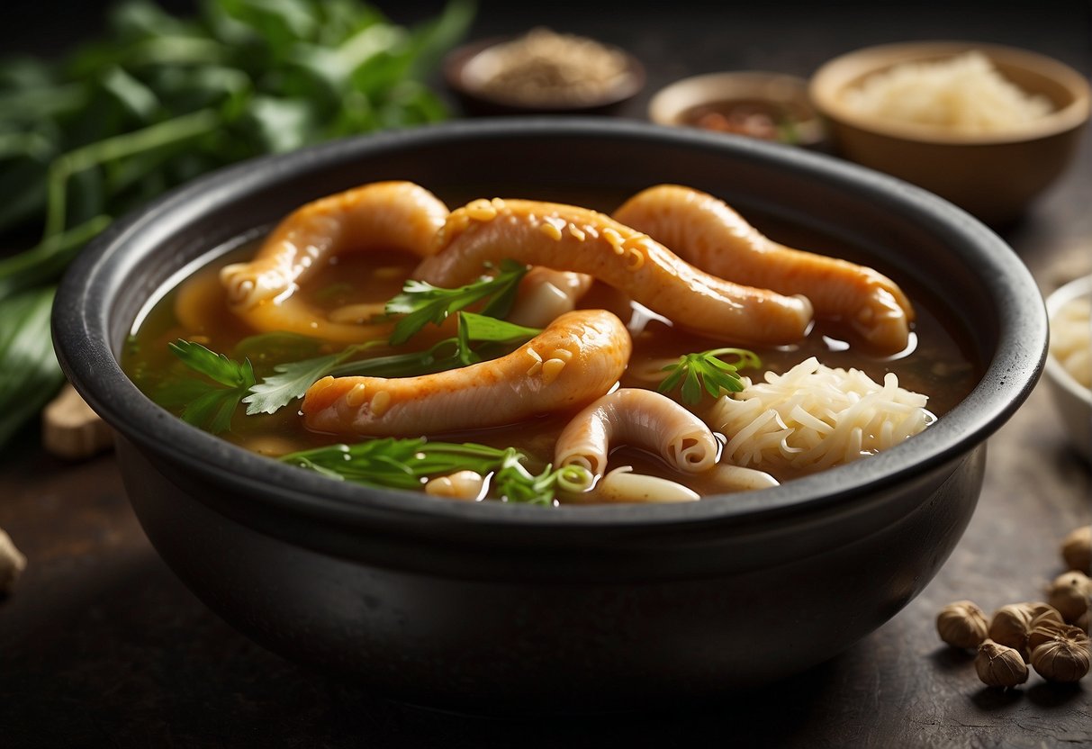 A pot simmering with chicken feet, ginger, and scallions in a flavorful broth. Bowls of Chinese herbs and spices nearby for substitutions