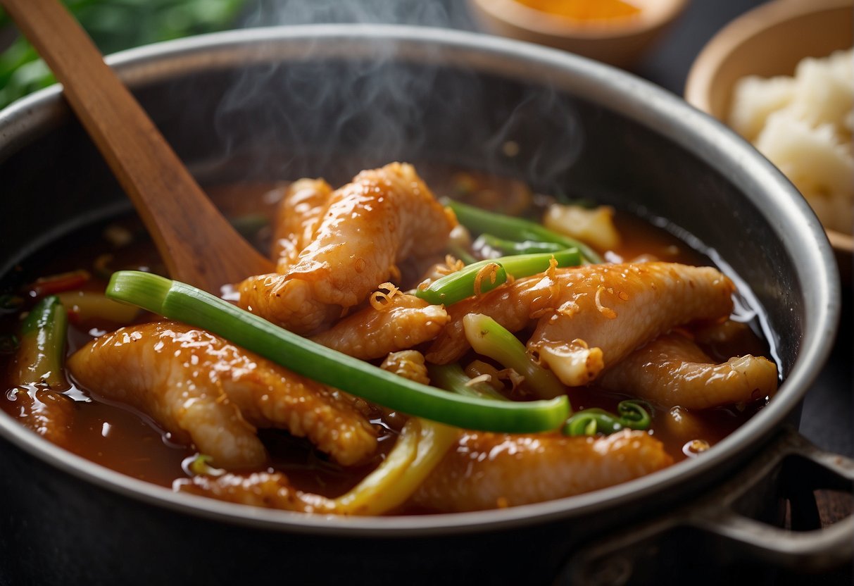 Chicken feet simmer in a pot with ginger, scallions, and spices. A chef adds soy sauce and rice wine, then lets it cook until tender