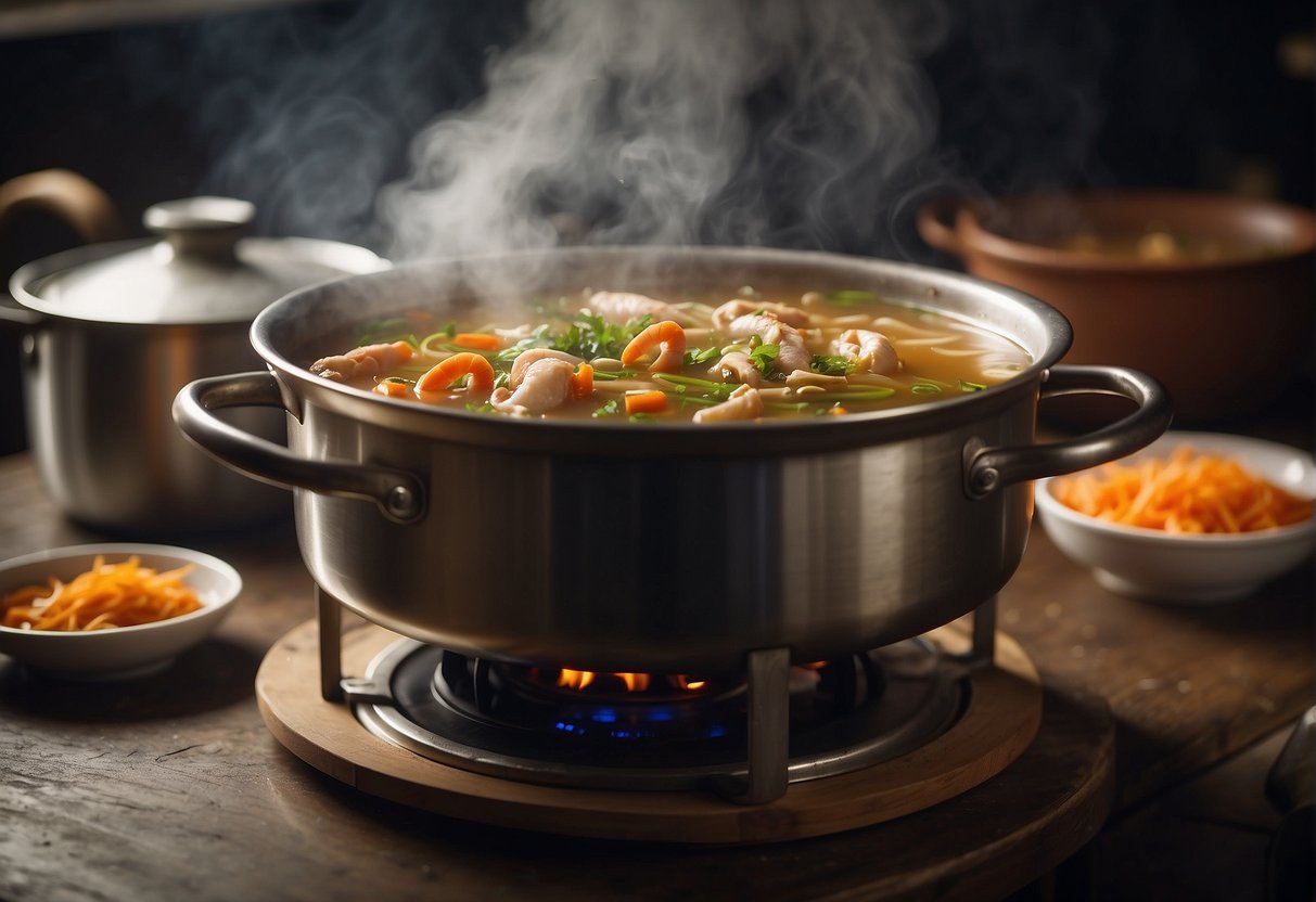 A pot simmers on a stove, filled with chicken feet, ginger, and spices. Steam rises as the rich aroma of Chinese-style soup fills the air
