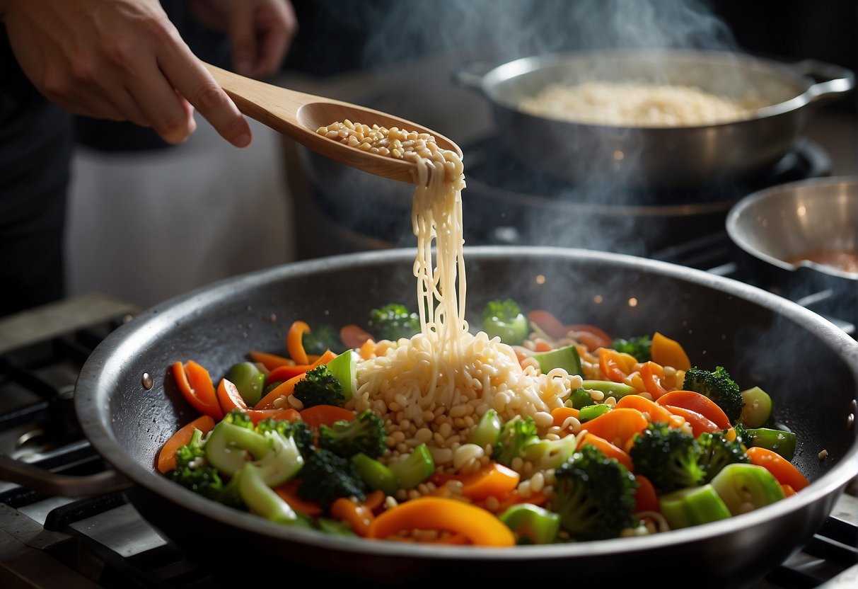 A wok sizzles with stir-fried vegetables, while a pot of congee simmers on the stove. A chef sprinkles sesame seeds over steamed buns