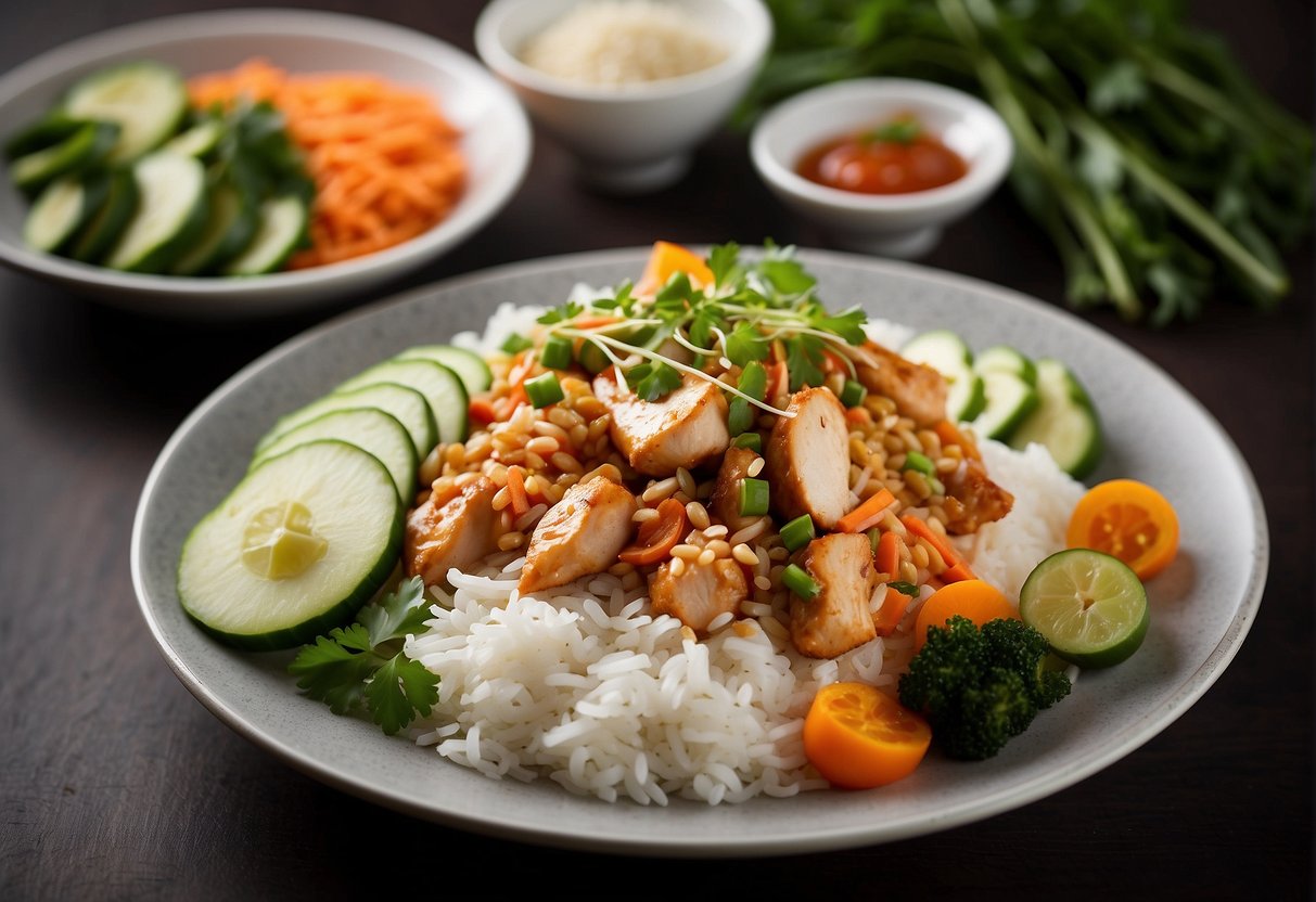 A plate of Chinese vegetarian chicken rice is elegantly arranged with colorful vegetables and garnished with fresh herbs