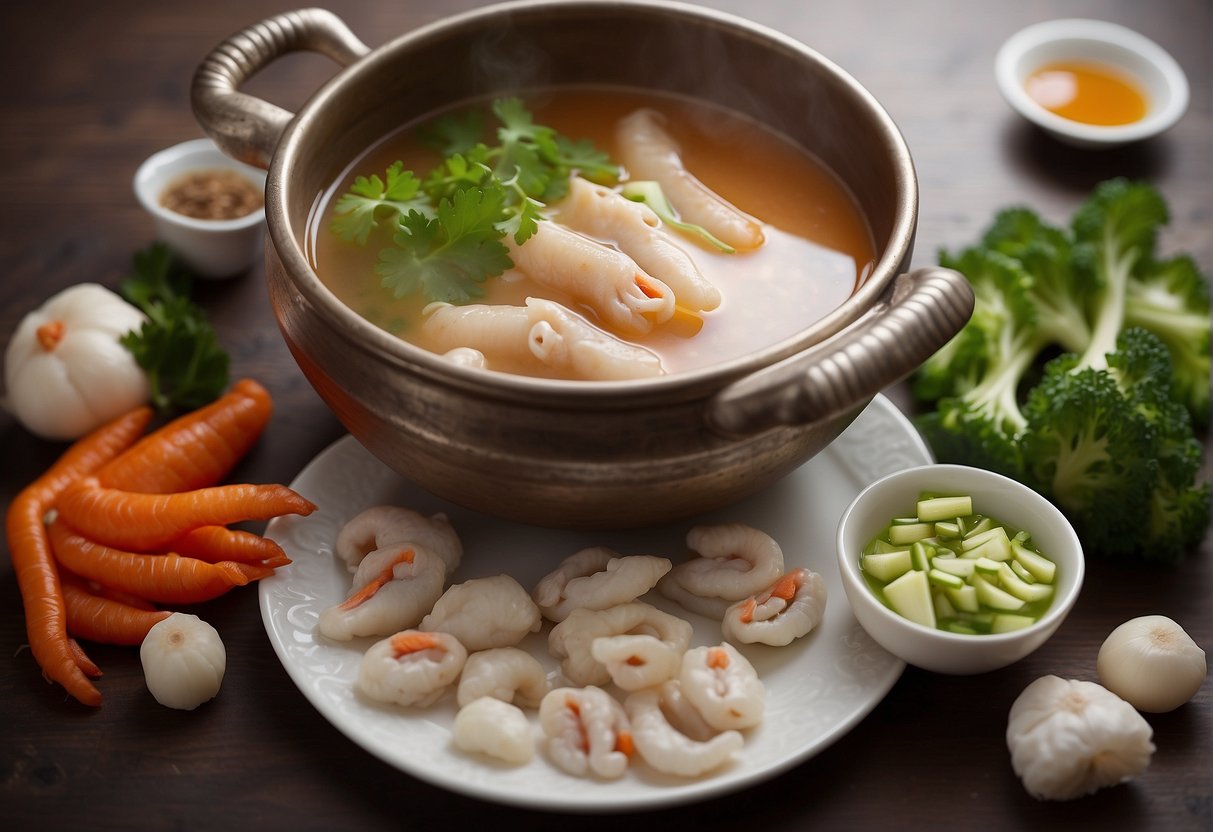 A steaming pot of Chinese-style chicken feet soup surrounded by ingredients and a recipe book