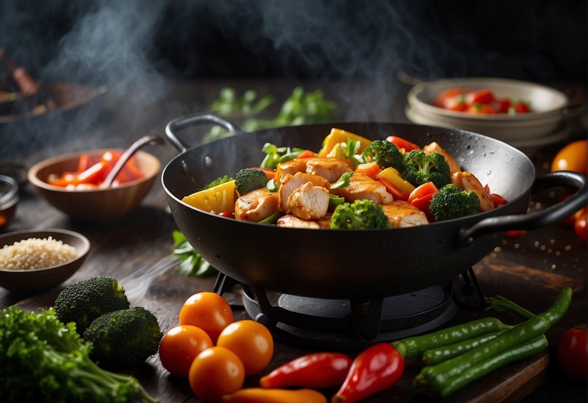 Sizzling chicken fillet in a wok with colorful vegetables and aromatic Chinese spices