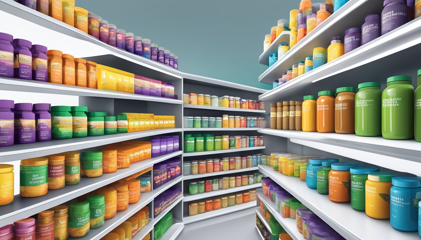 Various supplement brands displayed on shelves with colorful packaging and clear labels