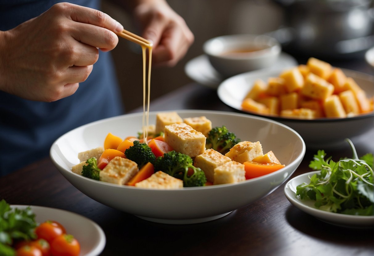 A chef modifies traditional Chinese breakfast dishes for vegetarian and dietary restrictions. Ingredients include tofu, vegetables, and soy-based products