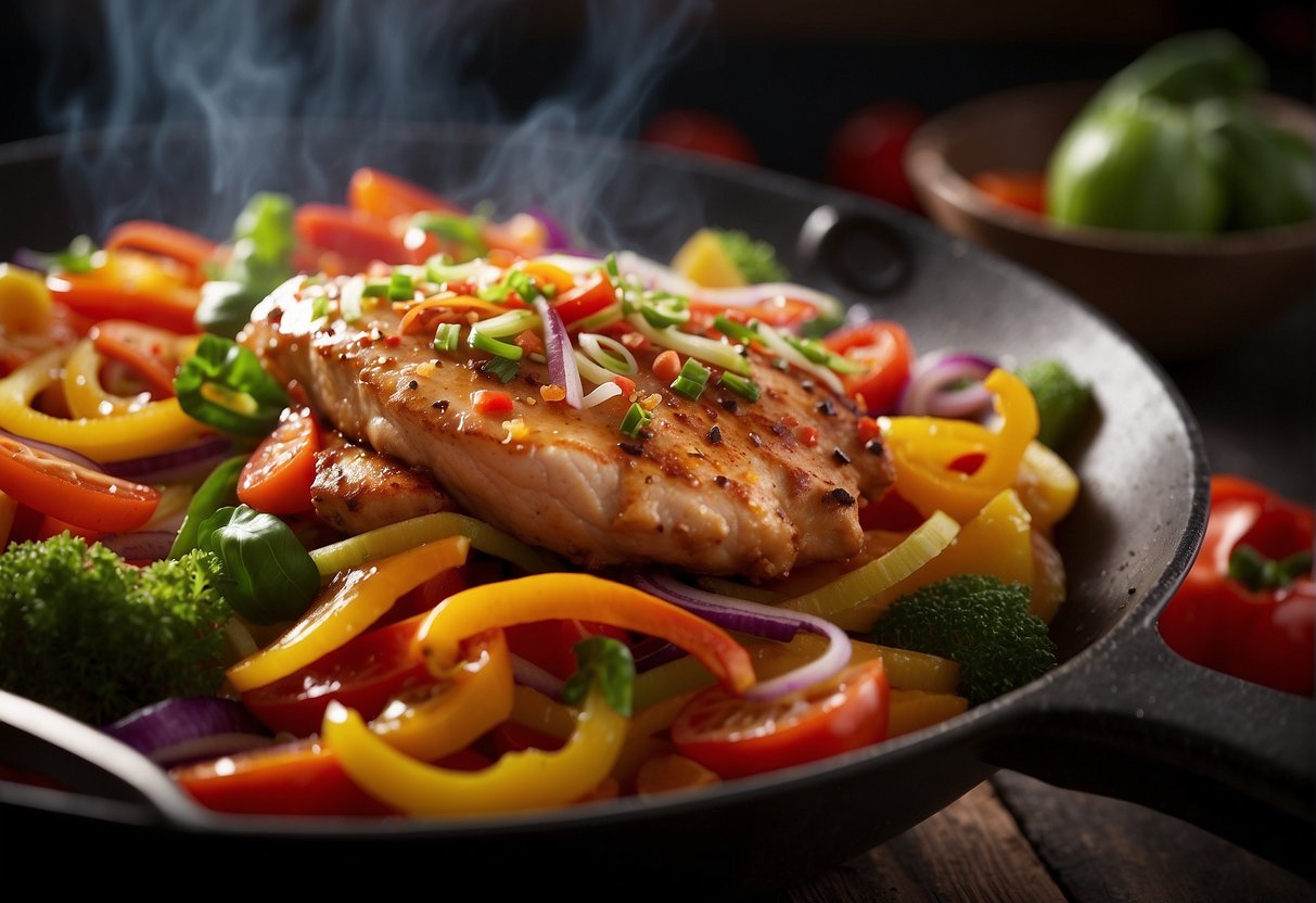 A sizzling chicken fillet cooks in a wok with colorful Chinese ingredients like bell peppers, onions, and ginger