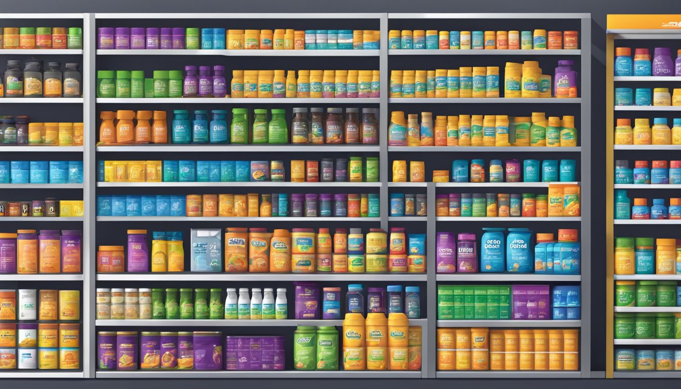 A variety of supplement brand logos arranged on shelves, with colorful packaging and clear brand names