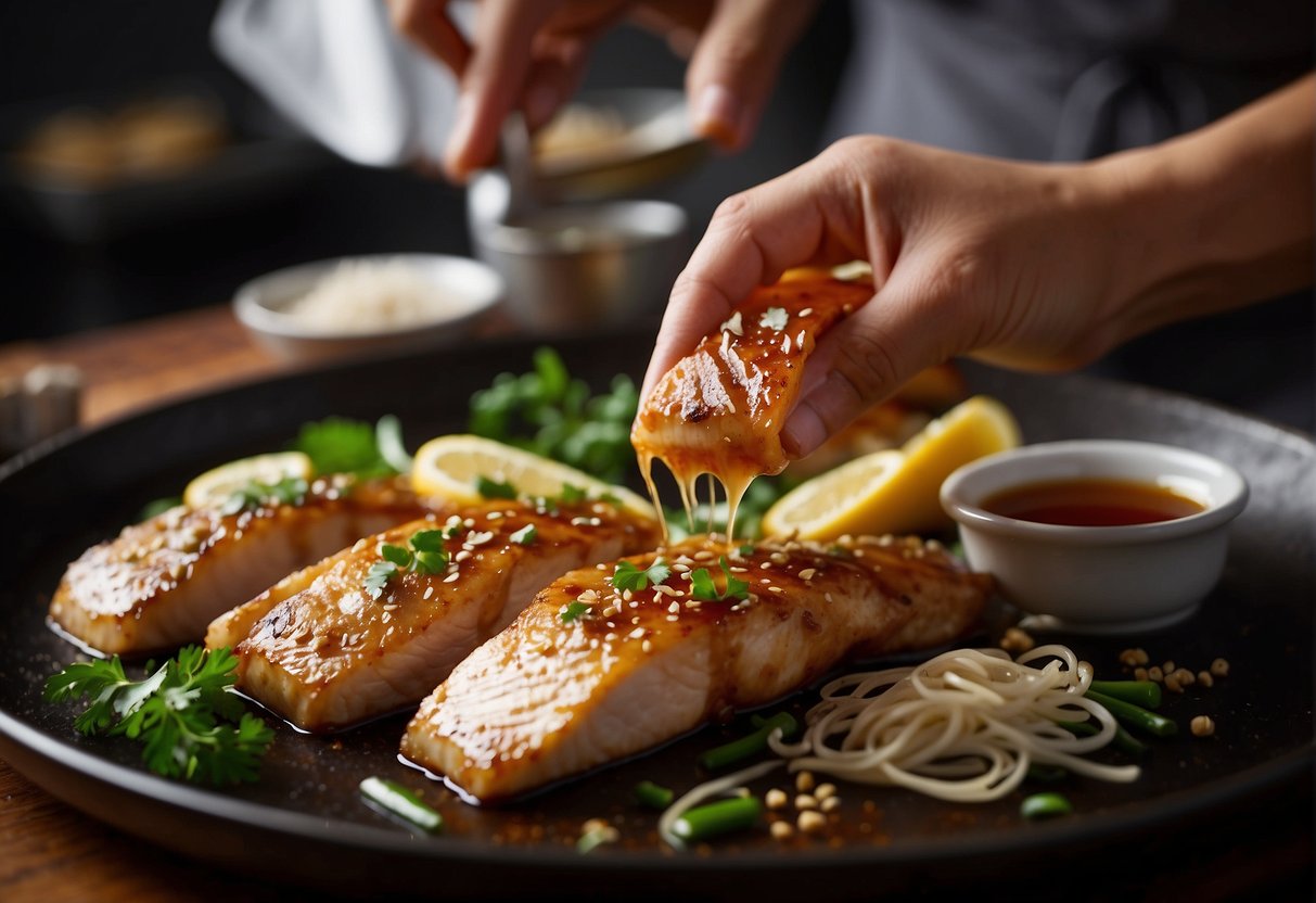 A chef marinates chicken fillets in soy sauce and spices, then slices them for a Chinese recipe