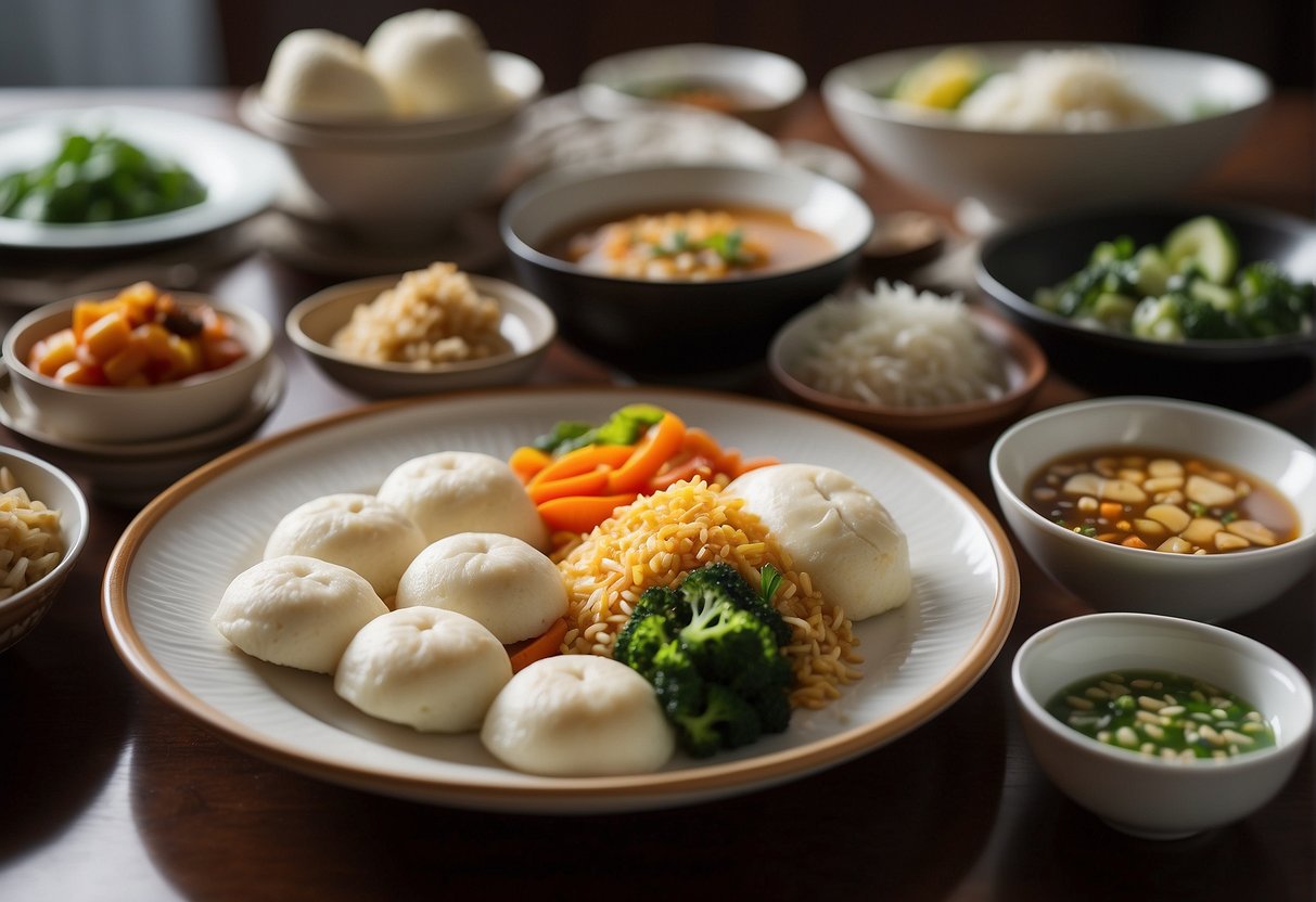 A table set with various Chinese vegetarian breakfast dishes, including steamed buns, tofu stir-fry, and vegetable congee