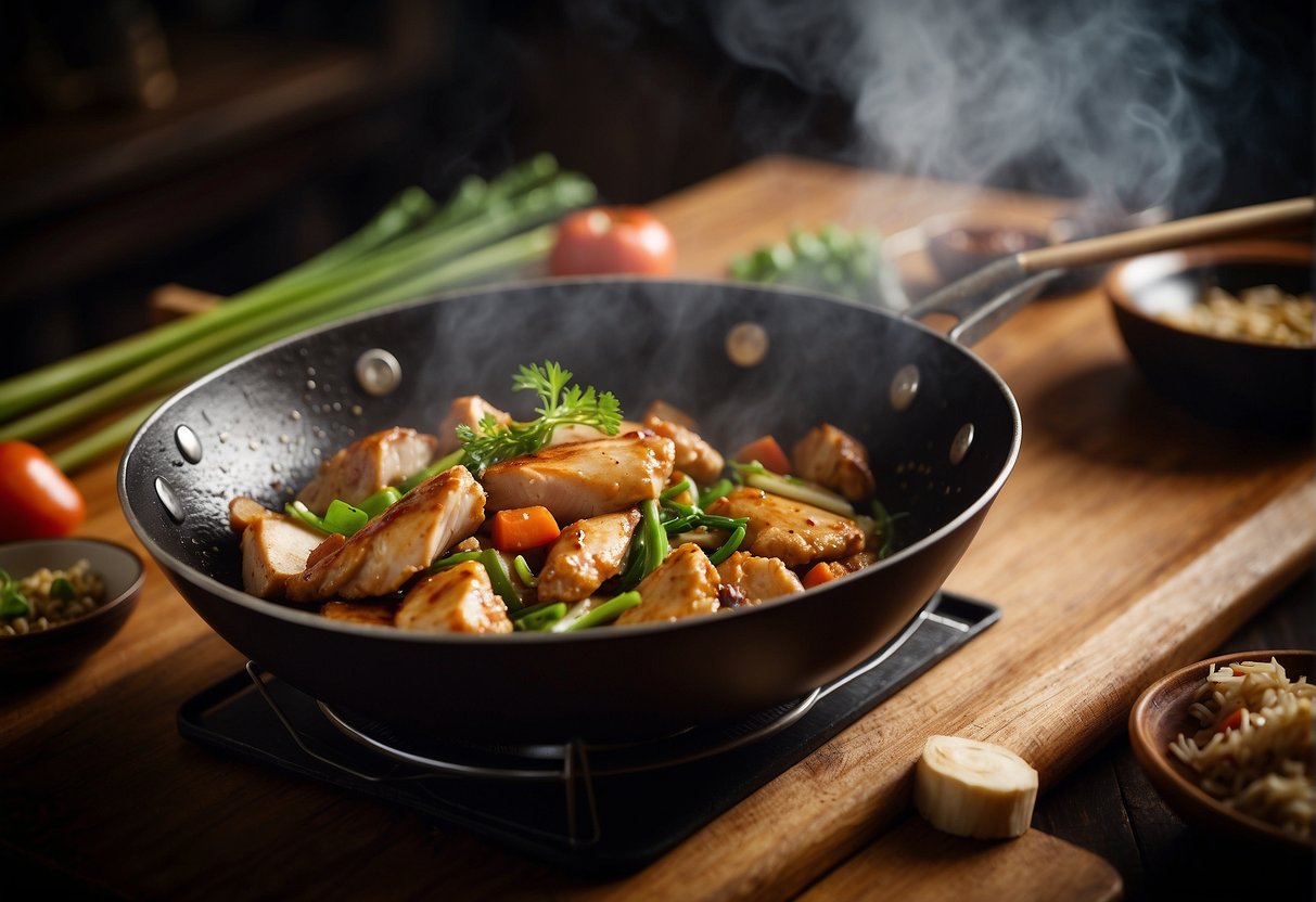 Chicken fillet sizzling in a wok with garlic, ginger, and soy sauce. Steam rising, chopsticks stirring. Vegetables and rice nearby