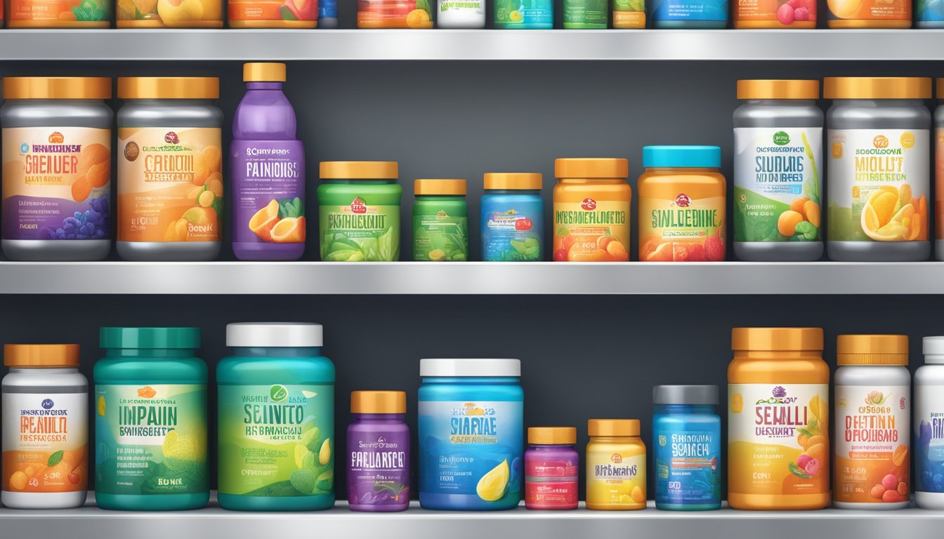 Various supplement brands displayed on shelves, with colorful packaging and prominent logos. Bright lighting highlights the products