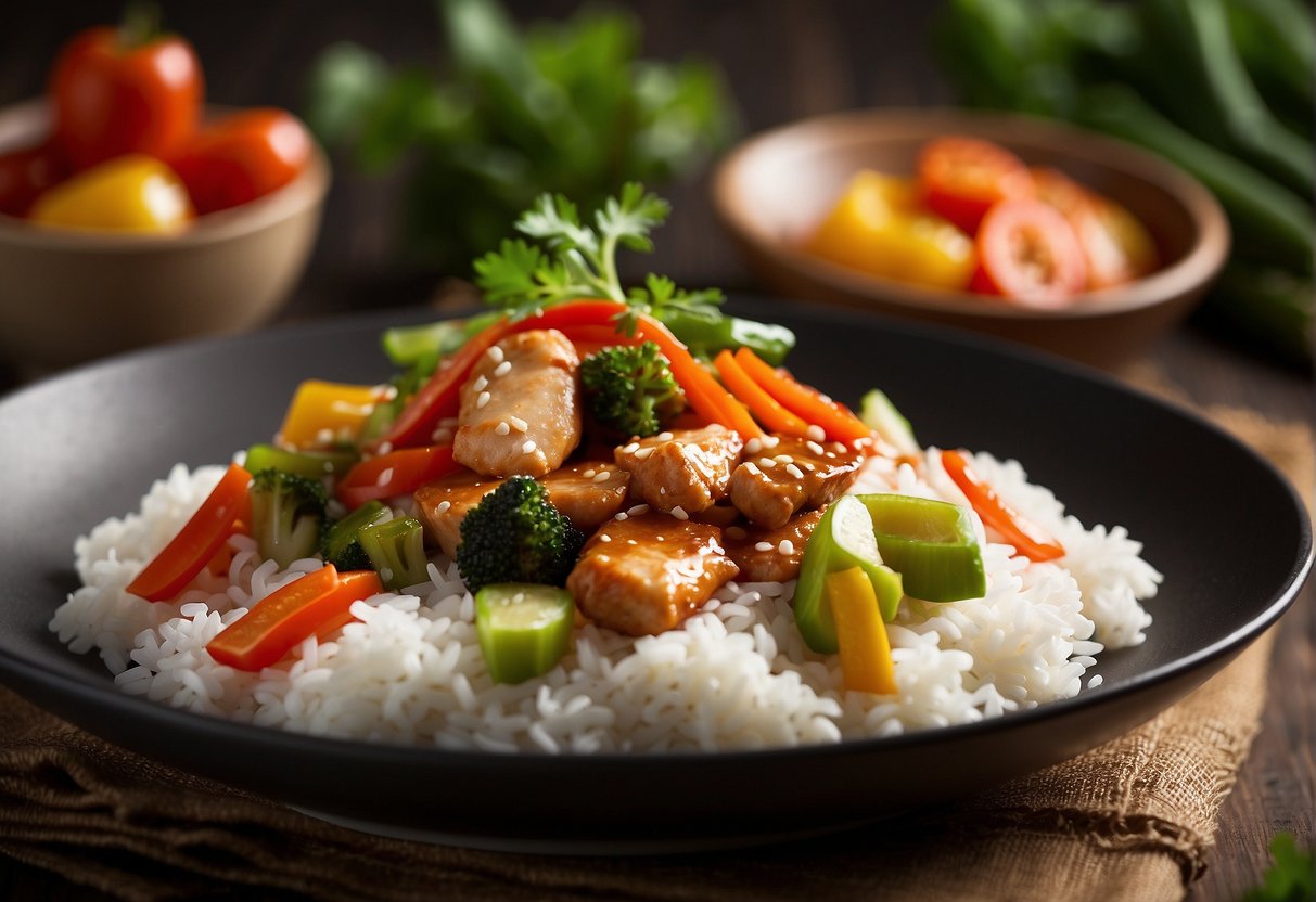 A sizzling chicken fillet stir-fried with colorful vegetables in a savory Chinese sauce, served on a bed of steamed jasmine rice
