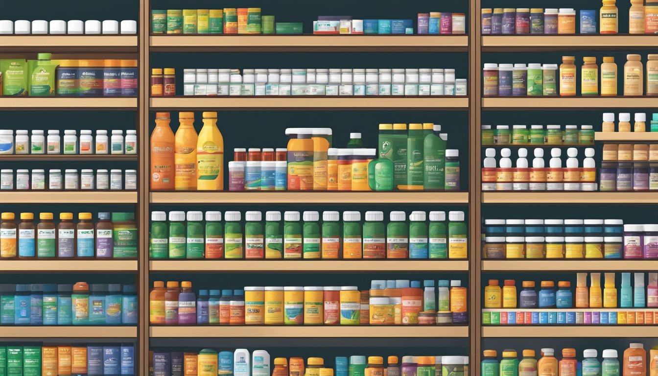 A shelf filled with various supplement brands, each displaying quality and certification labels