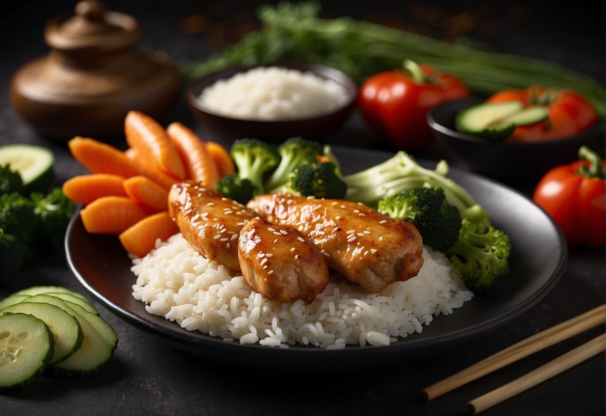A plate of Chinese chicken fillet, surrounded by vegetables and a side of rice, with a visible nutritional information label