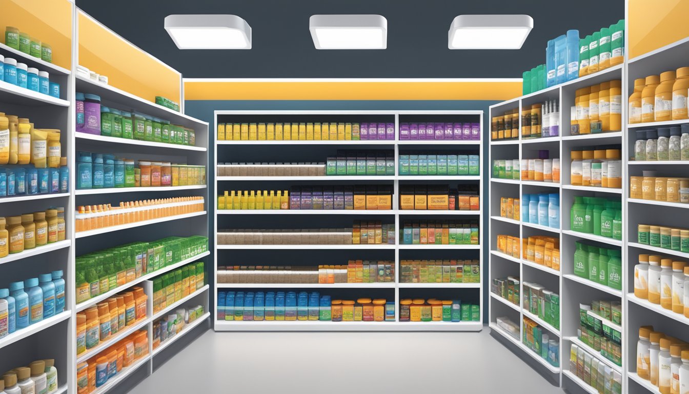 Various supplement brands on shelves, with labels and logos clearly visible. Bright, clean, and organized display