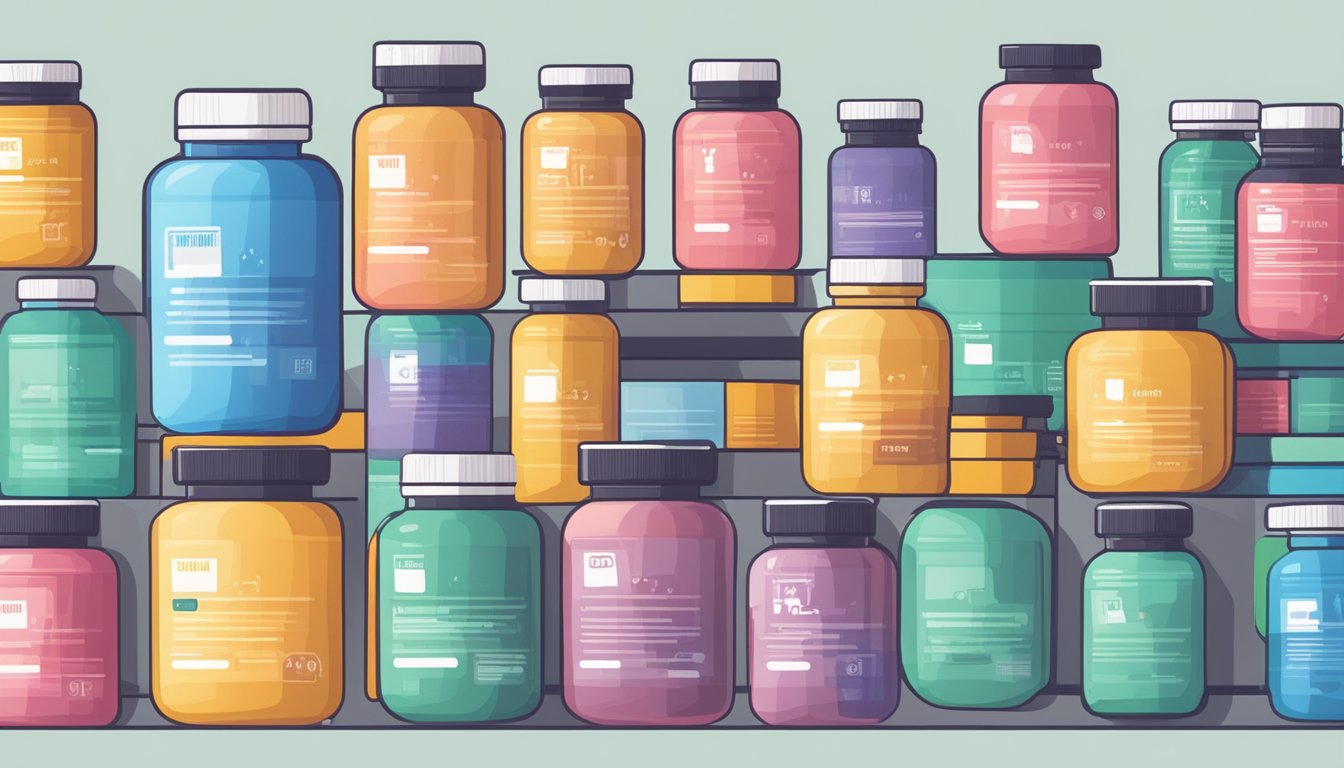 A stack of supplement bottles with "Frequently Asked Questions" labels, surrounded by curious customers