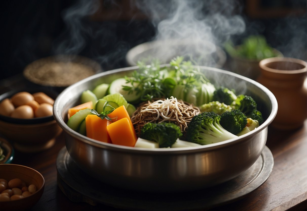 A steaming pot of Chinese vegetarian loh hon chai surrounded by assorted fresh vegetables and fragrant herbs