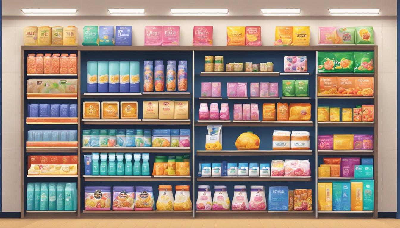 Takashimaya department store brands displayed on shelves and racks, with colorful signage and elegant packaging
