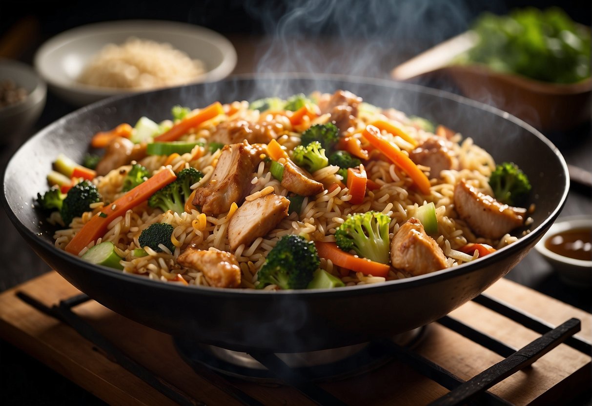 A wok sizzles with stir-fried rice, chicken, and veggies. Steam rises as soy sauce is drizzled in. Chopsticks rest on the side