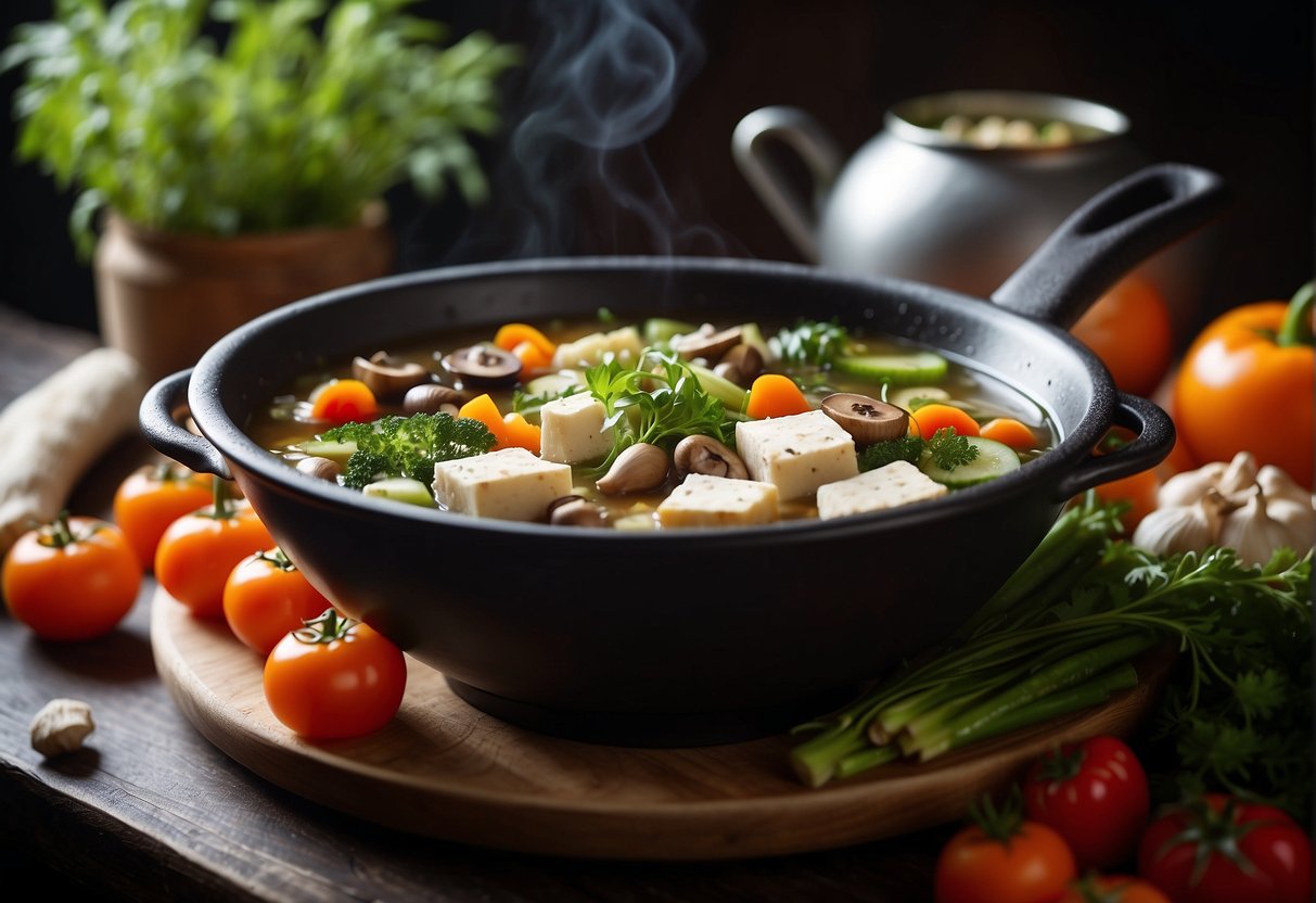 A table adorned with a colorful array of fresh vegetables, tofu, mushrooms, and fragrant herbs, with a steaming pot of savory broth at its center